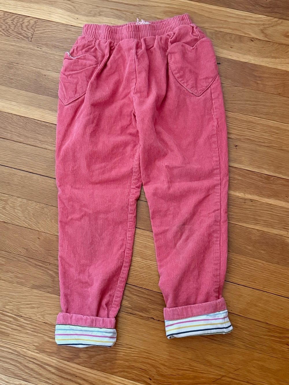 Mini Boden 7-8Y Heart Pocket Cord Pants with Rainbow Stripe Soft Jersey Lining
